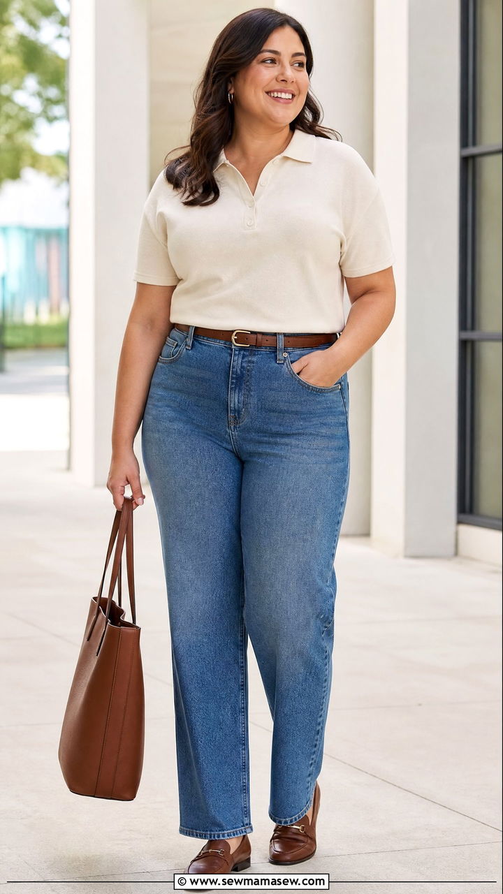 Plus Size Short Sleeve Polo Top With Straight Jeans - 20 plus size short sleeve top outfit ideas