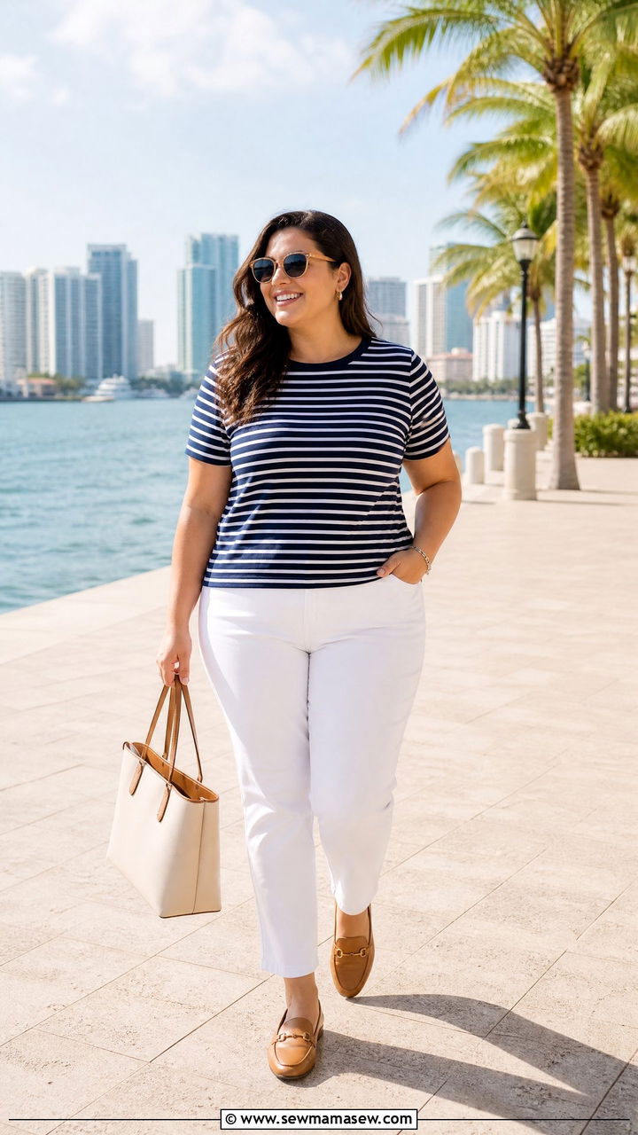 Plus Size Short Sleeve Striped Top With White Pants - 20 plus size short sleeve top outfit ideas
