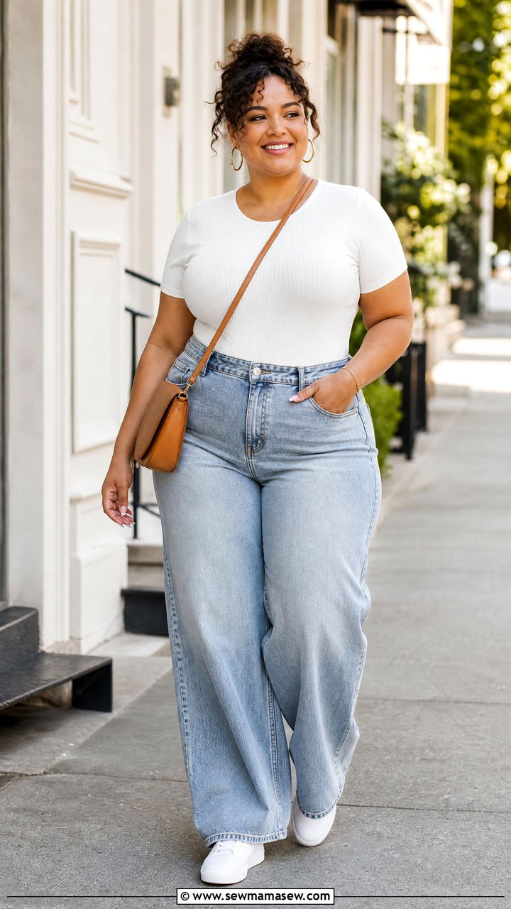 Plus Size Short Sleeve Top With Wide Leg Jeans - 20 plus size short sleeve top outfit ideas