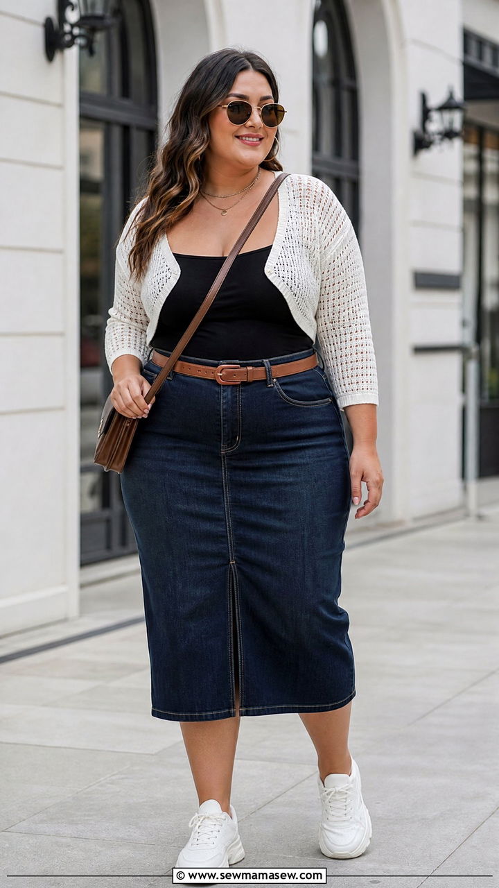 Plus Size Shrug Top With Denim Skirt Outfit - 20 plus size shrug top outfit ideas