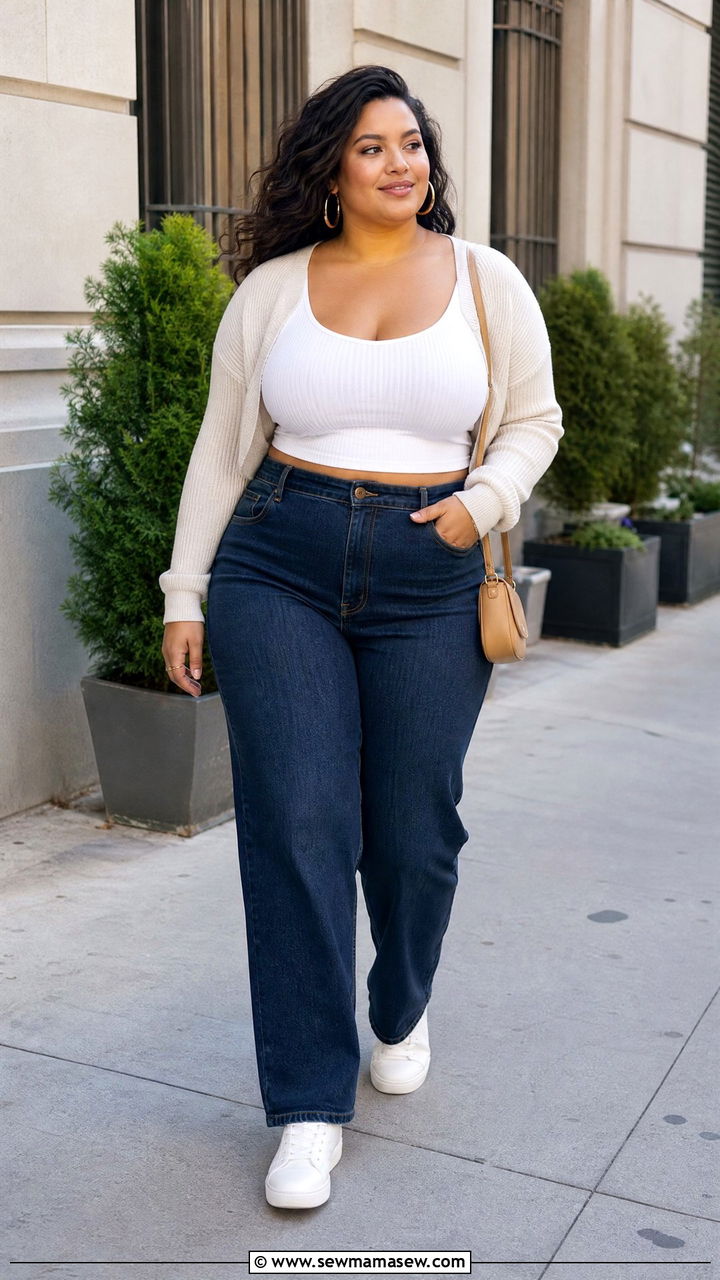 Plus Size Shrug Top With High Waisted Jeans Outfit - 20 plus size shrug top outfit ideas