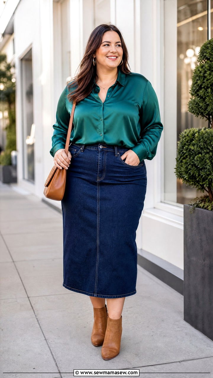 Plus Size Silk Blouse With Denim Skirt - 20 plus size silk blouse outfit ideas