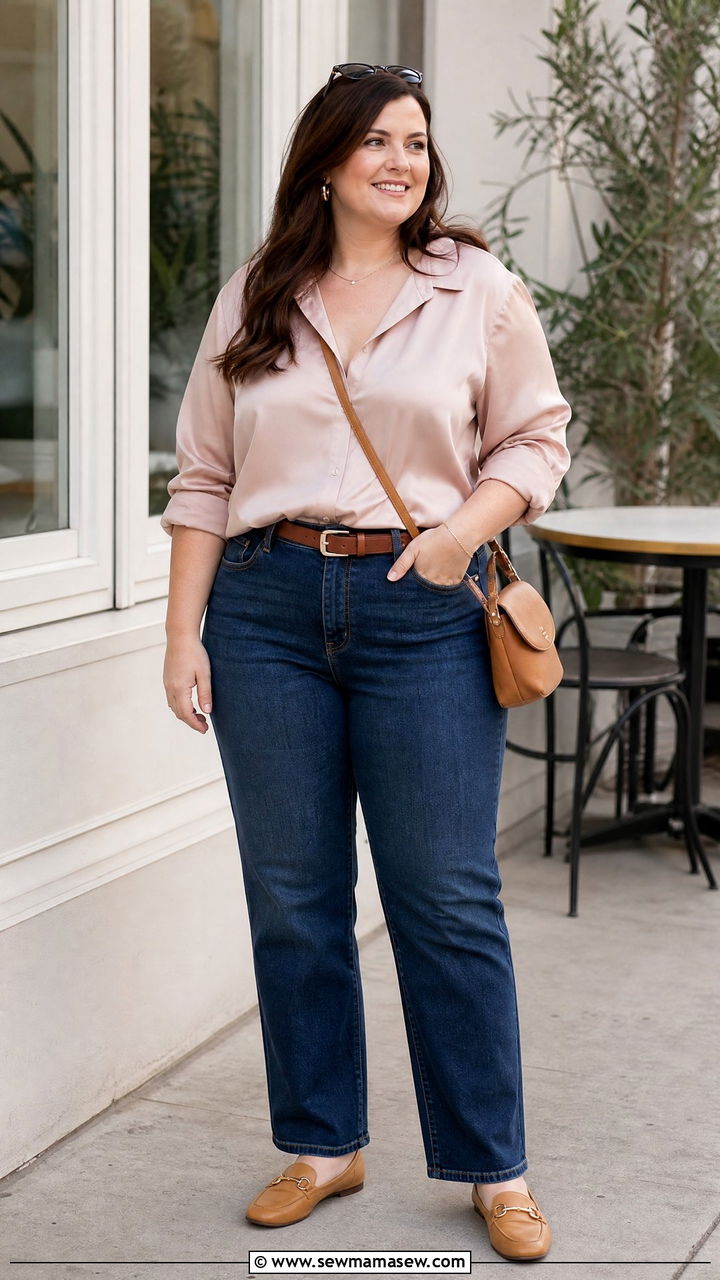 Plus Size Silk Blouse With Straight Leg Jeans - 20 plus size silk blouse outfit ideas