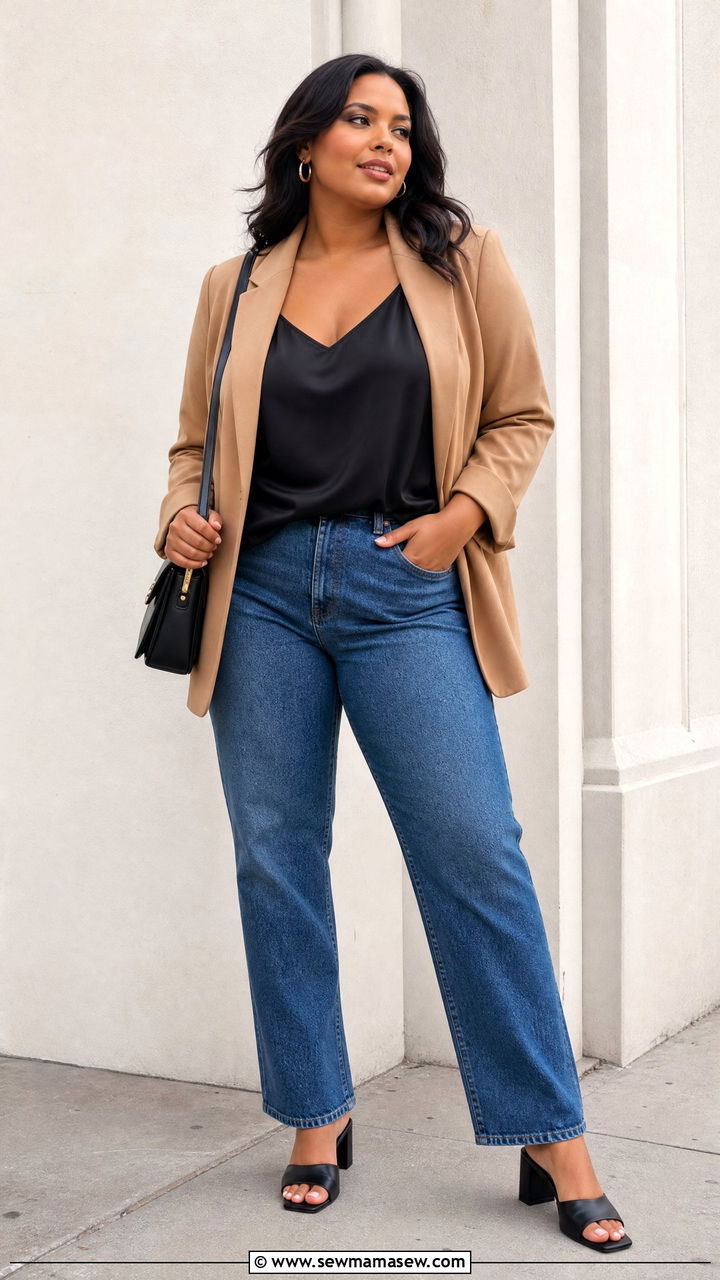 Plus Size Silk Camisole With Blazer And Jeans - 20 plus size silk top outfit ideas