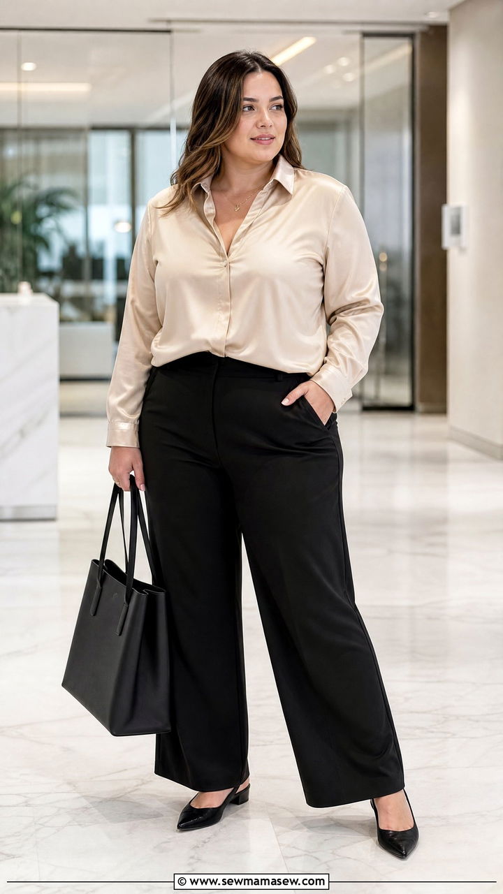 Plus Size Silk Top With Black Trousers - 20 plus size silk top outfit ideas