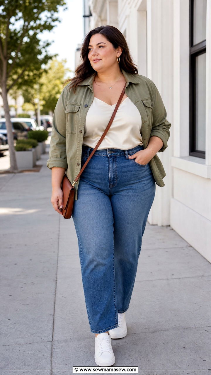 Plus Size Silk Top With Utility Jacket And Jeans - 20 plus size silk top outfit ideas