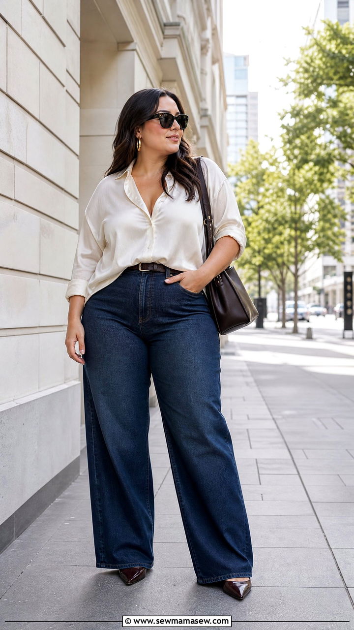 Plus Size Silk Top With Wide Leg Jeans - 20 plus size silk top outfit ideas