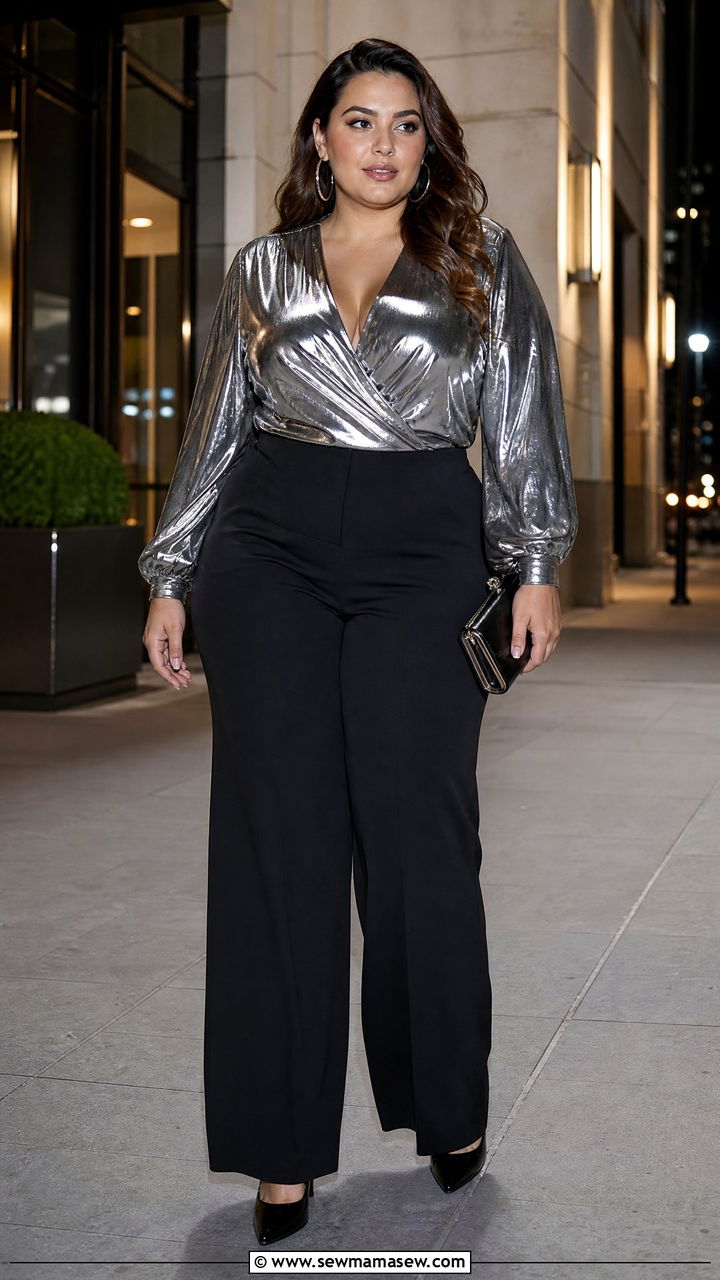 Plus Size Silver Metallic Top With Black Wide Leg Pants - 20 plus size metallic top outfit ideas