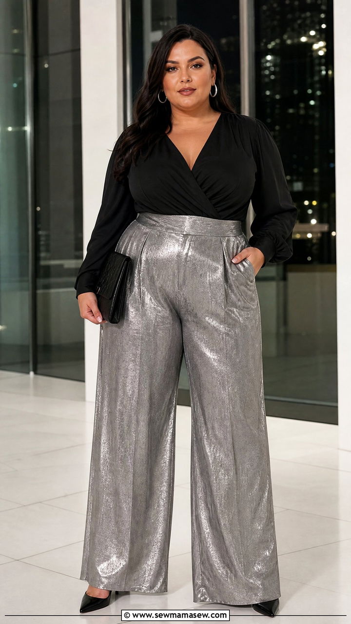 Plus Size Silver Pants And Black Blouse Outfit - 20 plus size holiday party outfit ideas