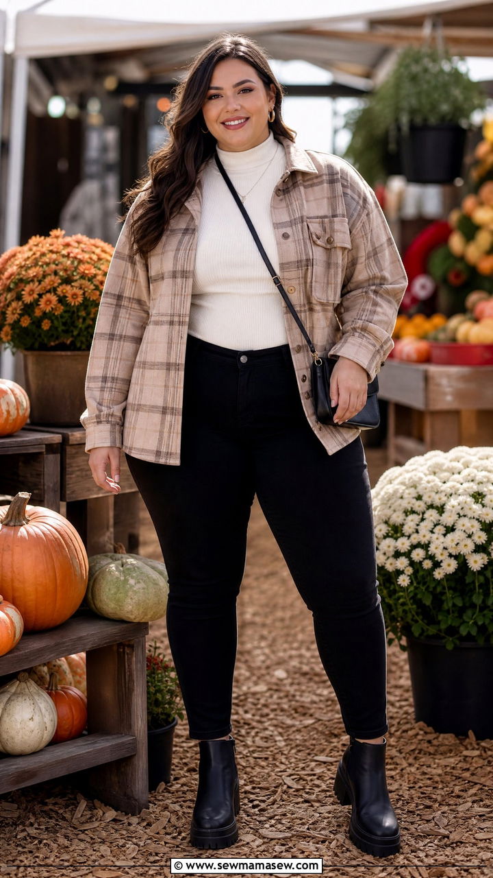 Plus Size Skinny Jeans With Plaid Shacket - 20 plus size skinny jeans outfit ideas