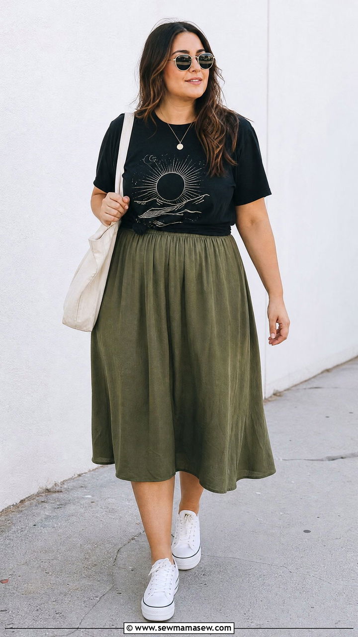 Plus Size Skirt And Graphic Tee Outfit - 20 plus size summer outfit ideas with skirt