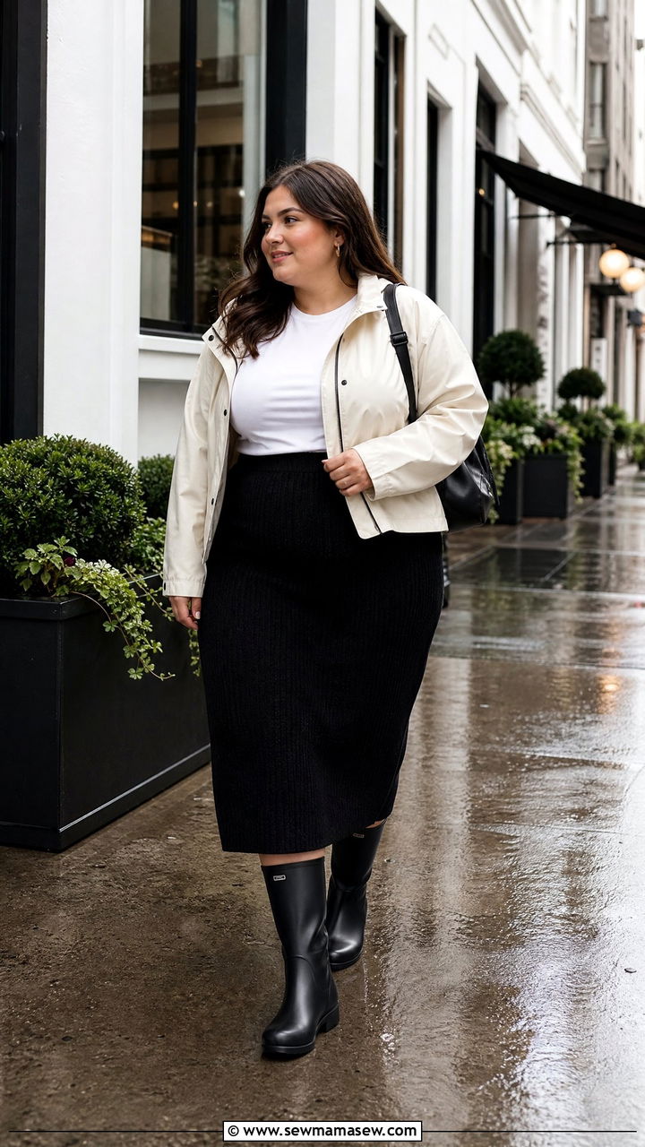 Plus Size Skirt And Rain Jacket Outfit - 20 plus size rainy day outfit ideas