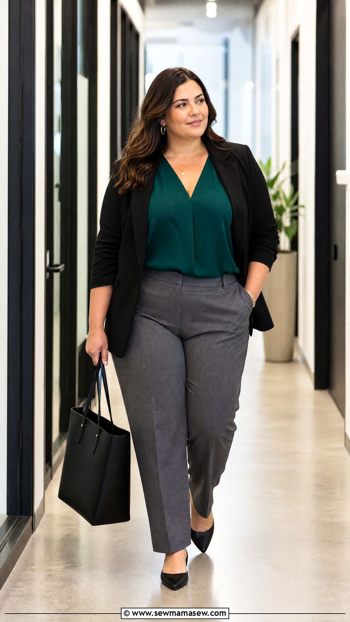 Plus Size Sleeveless Blouse With Blazer And Trousers - 20 plus size sleeveless blouse outfit ideas