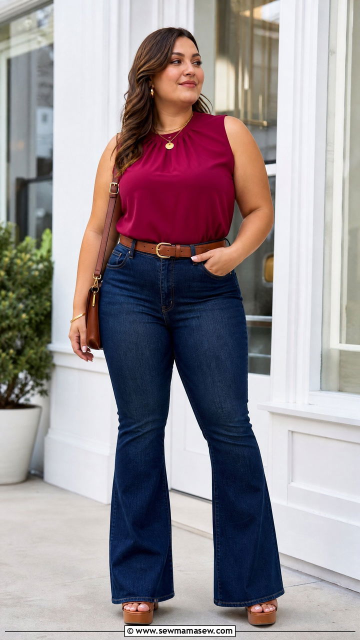 Plus Size Sleeveless Blouse With Flare Jeans - 20 plus size sleeveless blouse outfit ideas