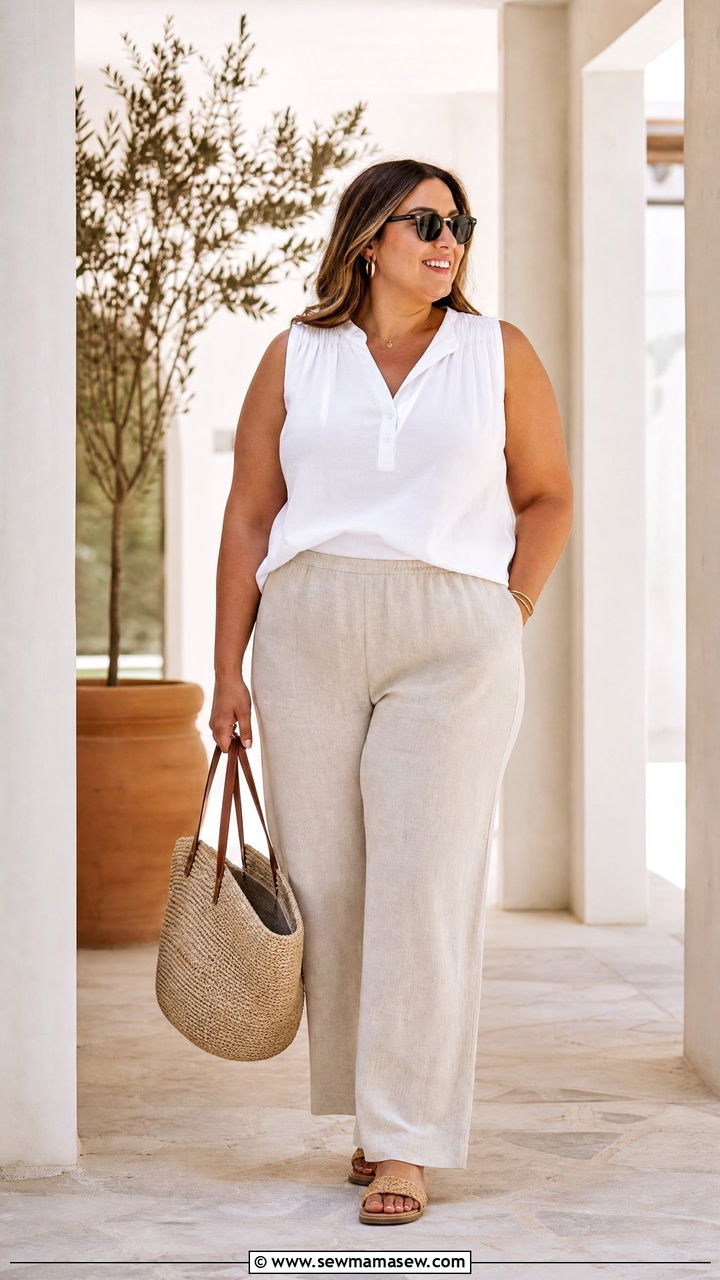 Plus Size Sleeveless Blouse With Linen Pants - 20 plus size sleeveless blouse outfit ideas