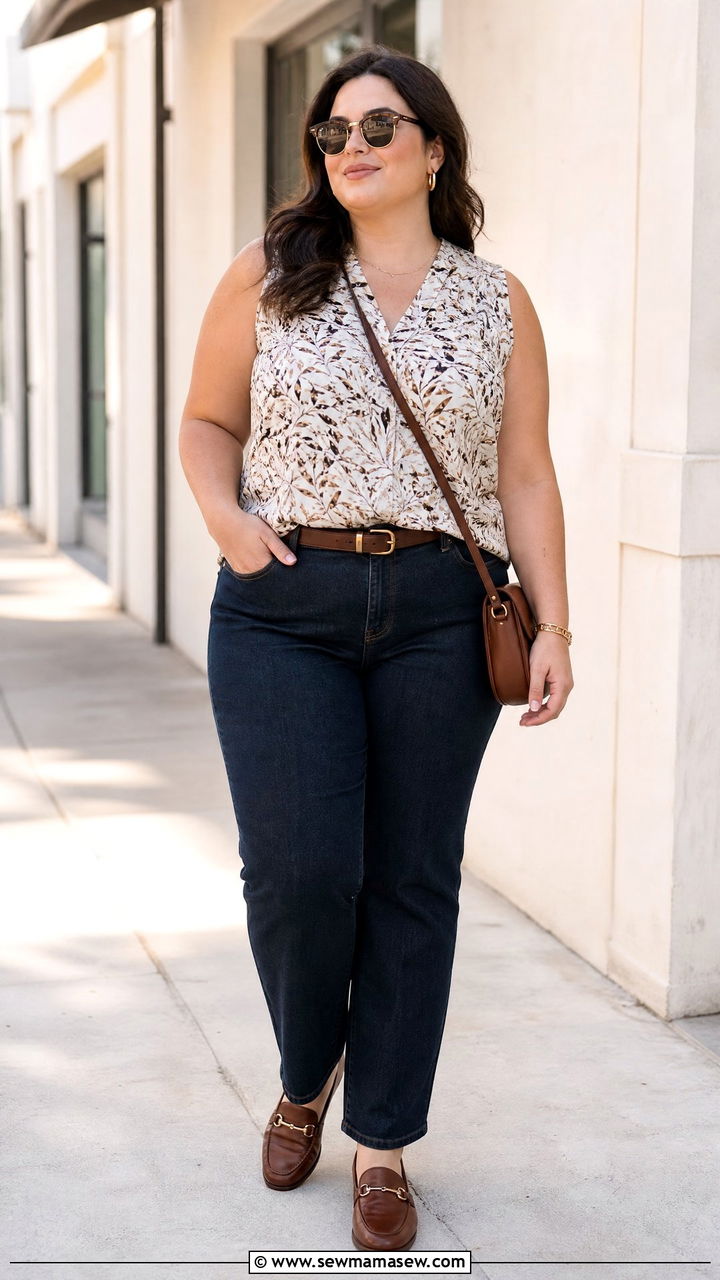 Plus Size Sleeveless Blouse With Straight Leg Jeans - 20 plus size sleeveless blouse outfit ideas