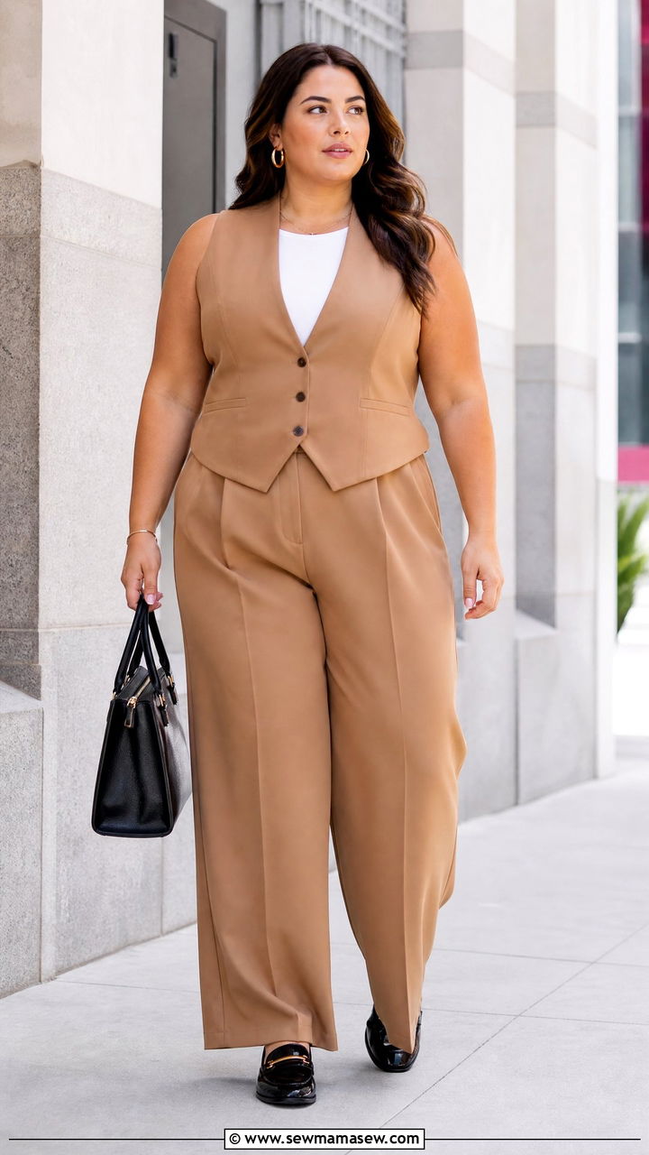 Plus Size Sleeveless Blouse With Suit Vest And Pants - 20 plus size sleeveless blouse outfit ideas