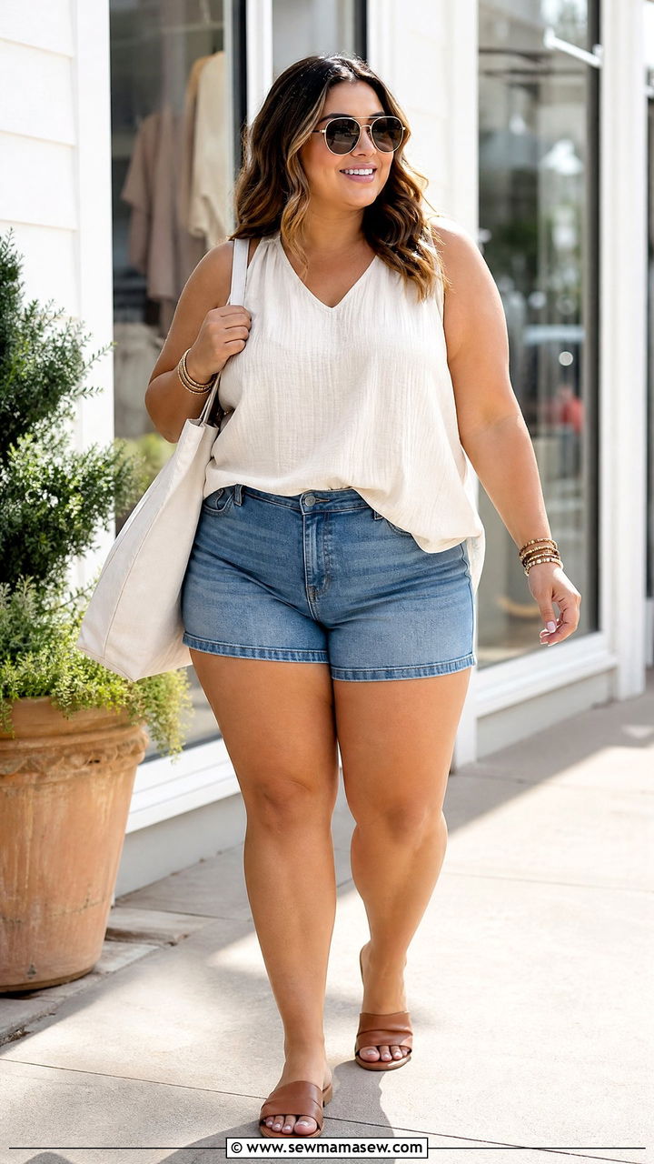 Plus Size Sleeveless Top With Denim Shorts - 20 plus size sleeveless top outfit ideas