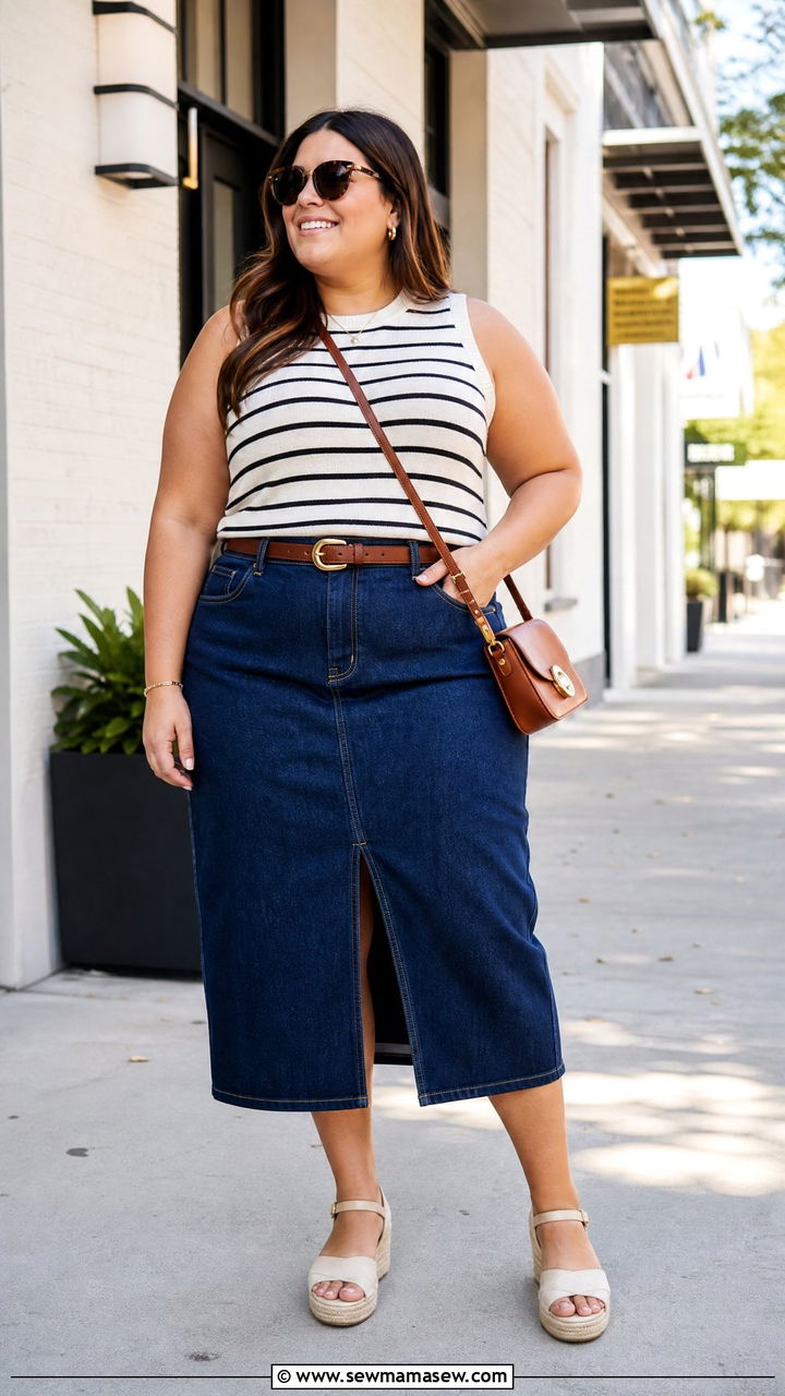 Plus Size Sleeveless Top With Denim Skirt - 20 plus size sleeveless top outfit ideas
