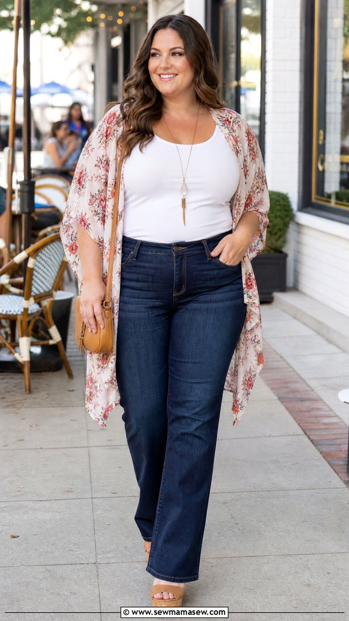 Plus Size Sleeveless Top With Kimono And Jeans - 20 plus size sleeveless top outfit ideas