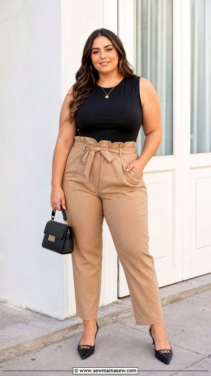 Plus Size Sleeveless Top With Paperbag Pants - 20 plus size sleeveless top outfit ideas