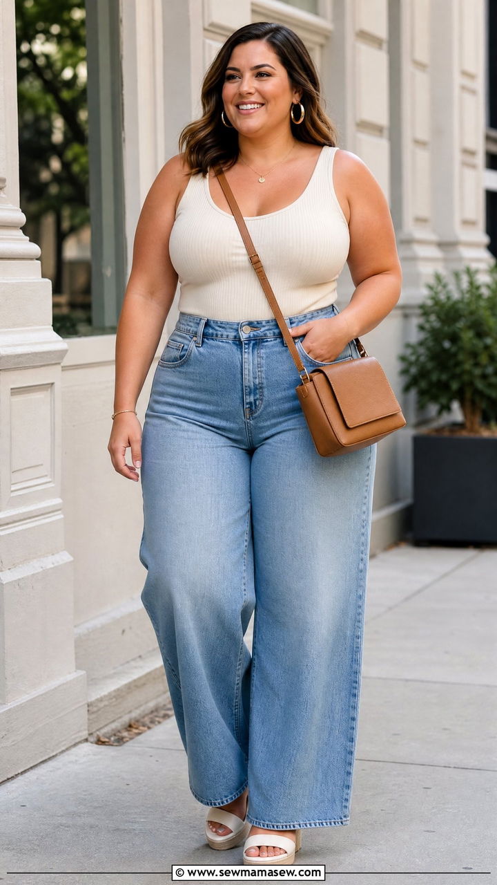 Plus Size Sleeveless Top With Wide Leg Jeans - 20 plus size sleeveless top outfit ideas