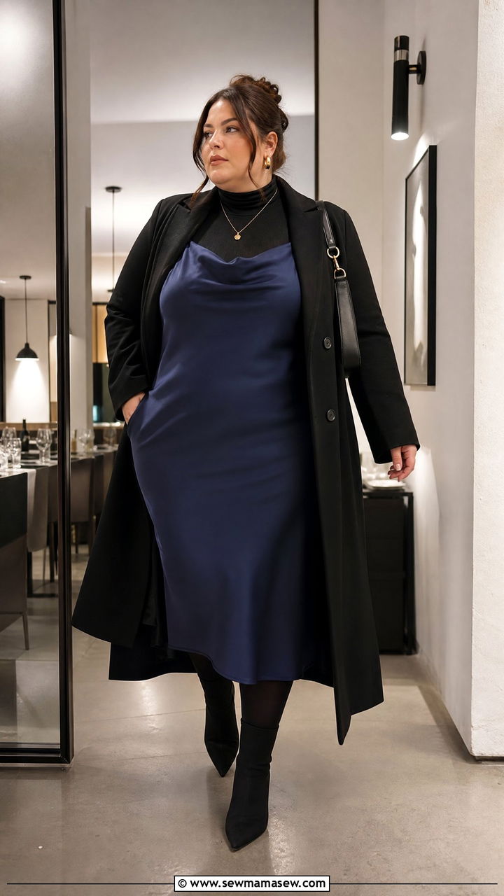 Plus Size Slip Dress With Turtleneck - 20 plus size winter date night outfit ideas