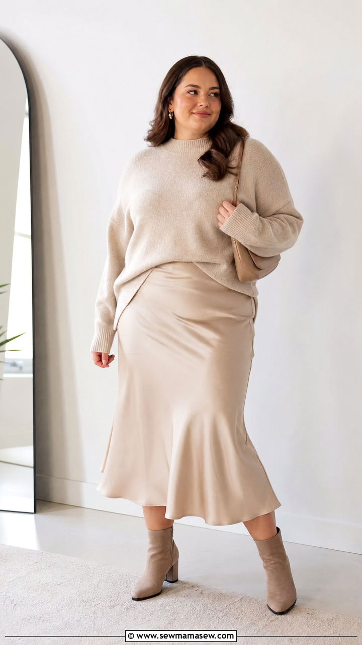Plus Size Slip Skirt With Oversized Sweater - 20 plus size fall fashion outfit ideas