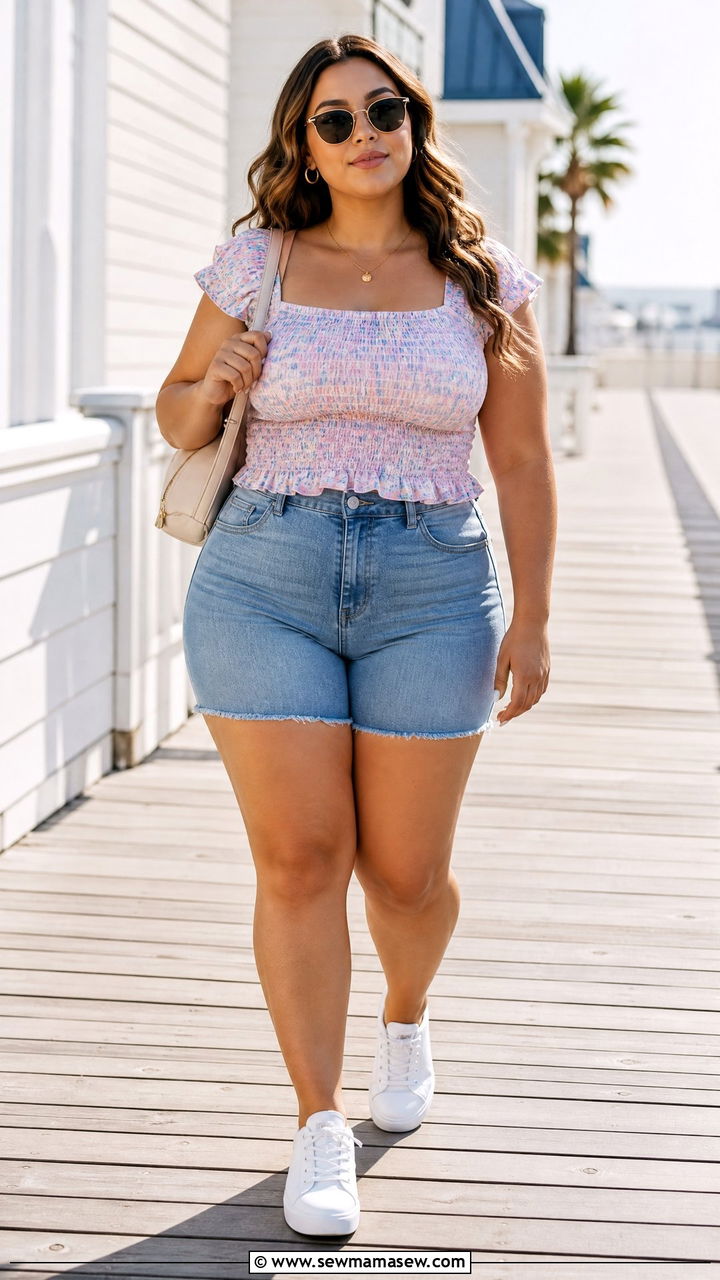 Plus Size Smocked Top With Denim Shorts Outfit - 20 plus size cute summer tops outfit ideas
