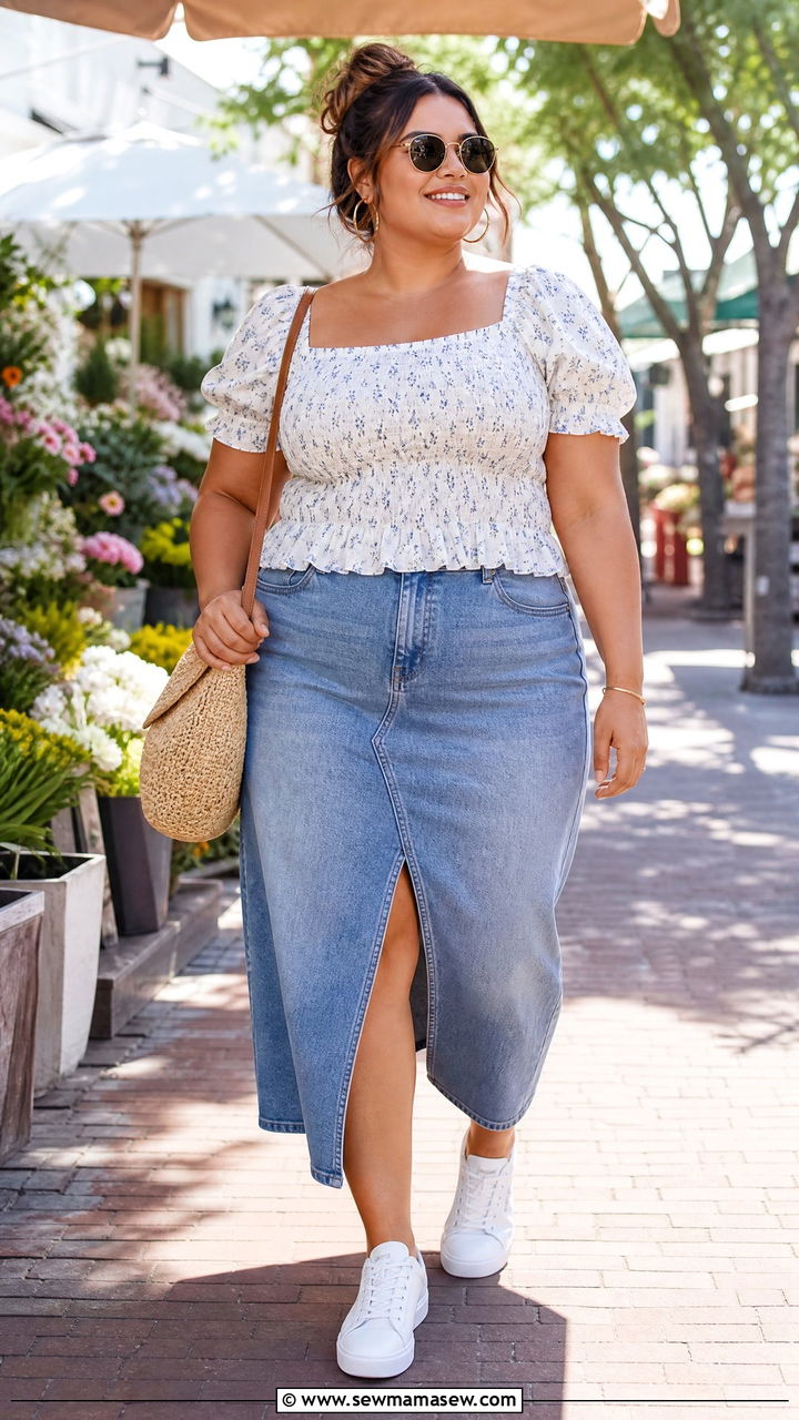 Plus Size Smocked Top With Denim Skirt Outfit - 20 plus size feminine top outfit ideas