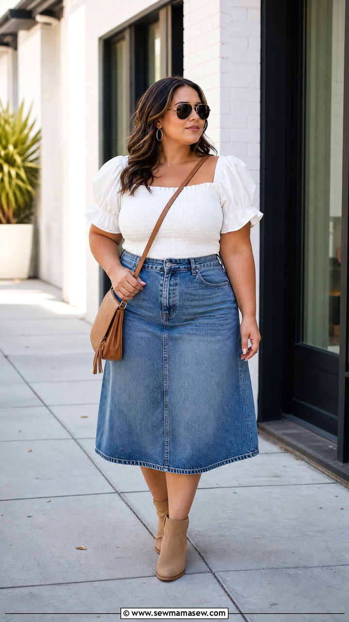 Plus Size Smocked Top With Denim Skirt - 20 plus size smocked top outfit ideas