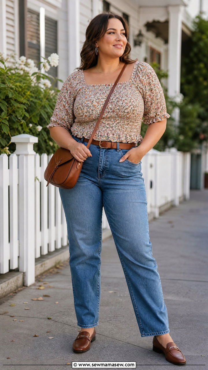 Plus Size Smocked Top With Straight Leg Jeans - 20 plus size smocked top outfit ideas