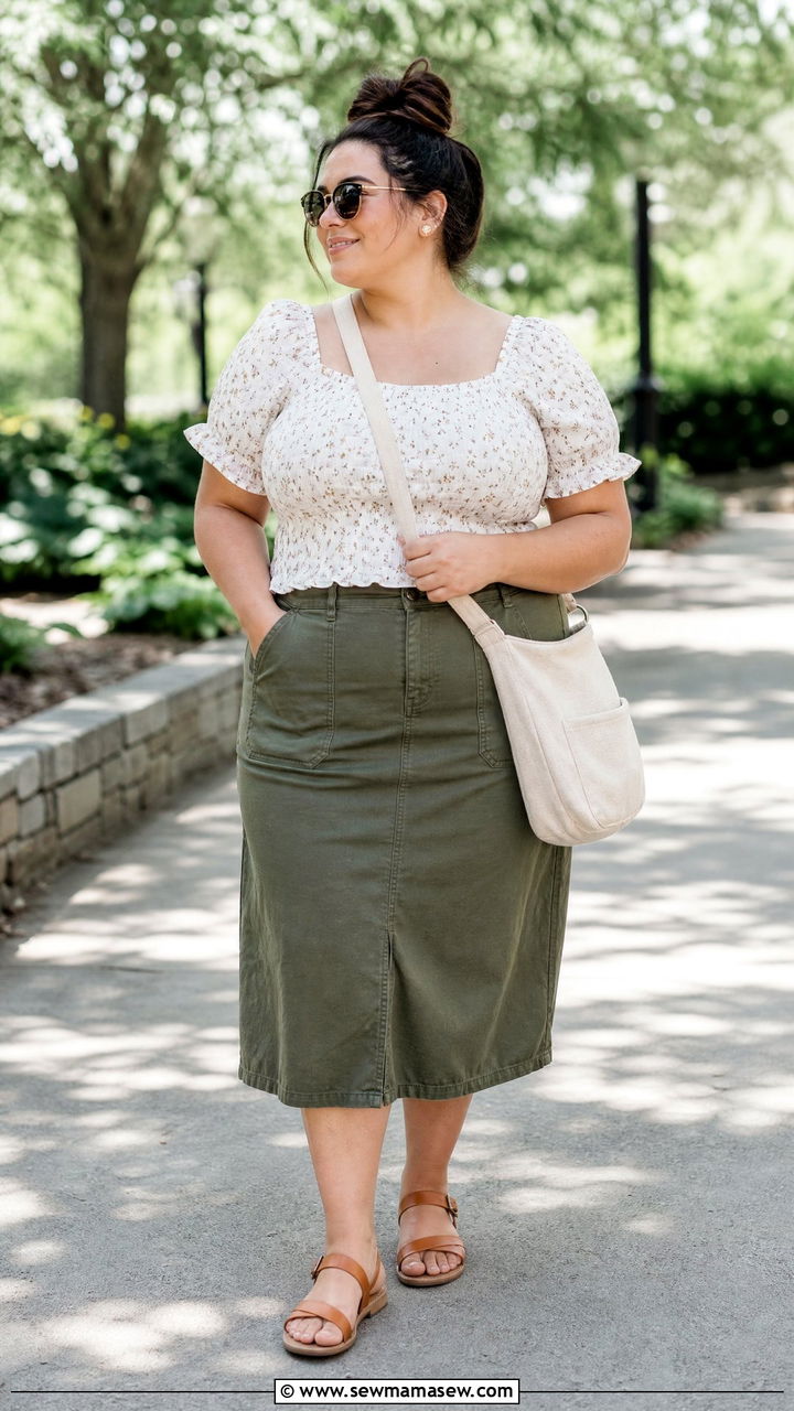 Plus Size Smocked Top With Utility Skirt - 20 plus size smocked top outfit ideas