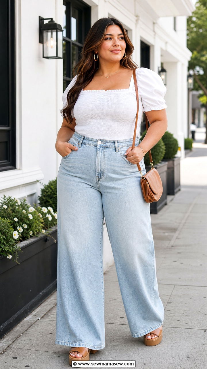 Plus Size Smocked Top With Wide Leg Jeans - 20 plus size smocked top outfit ideas