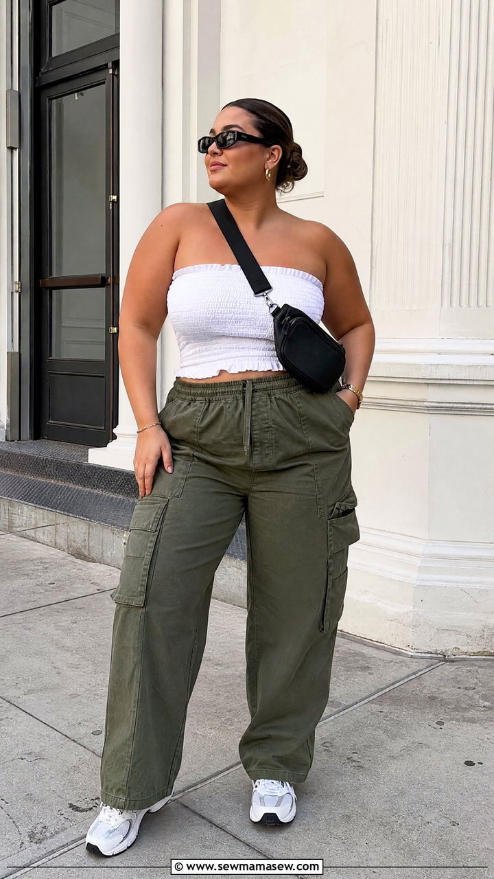 Plus Size Smocked Tube Top With Cargo Pants - 20 plus size smocked tube top outfit ideas