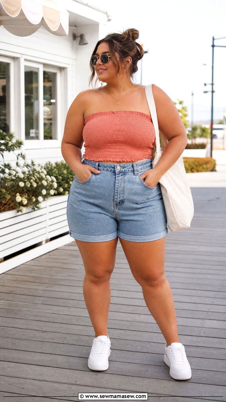 Plus Size Smocked Tube Top With Denim Shorts - 20 plus size smocked tube top outfit ideas