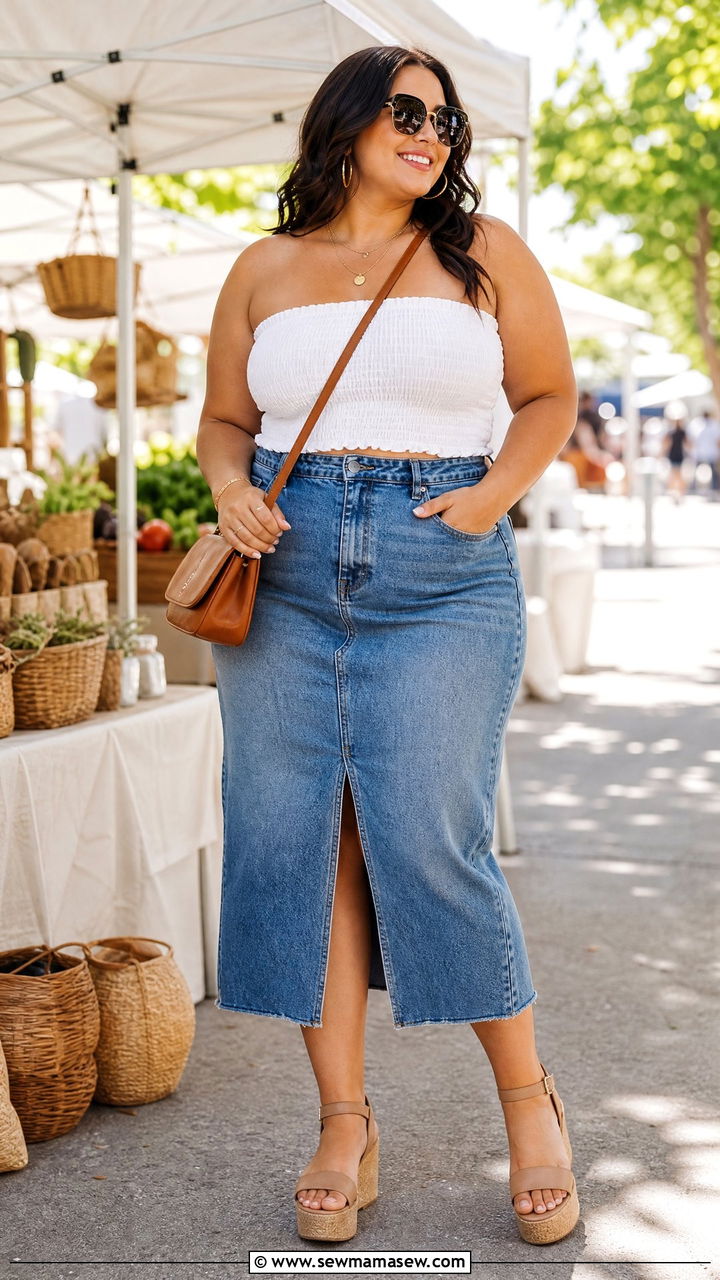 Plus Size Smocked Tube Top With Denim Skirt - 20 plus size smocked tube top outfit ideas