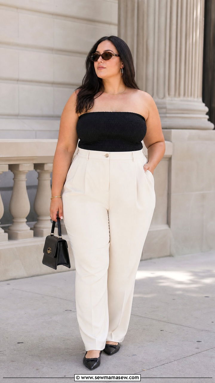 Plus Size Smocked Tube Top With High Waisted Trousers - 20 plus size smocked tube top outfit ideas