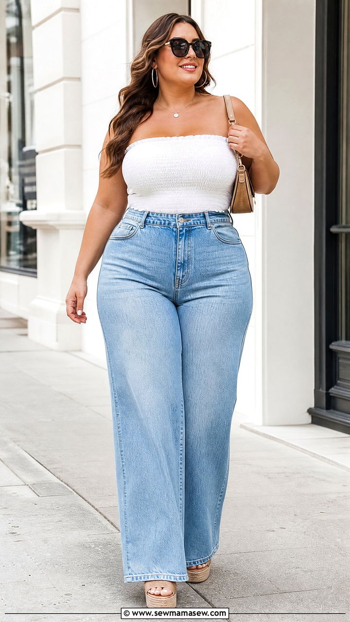 Plus Size Smocked Tube Top With Wide Leg Jeans - 20 plus size smocked tube top outfit ideas