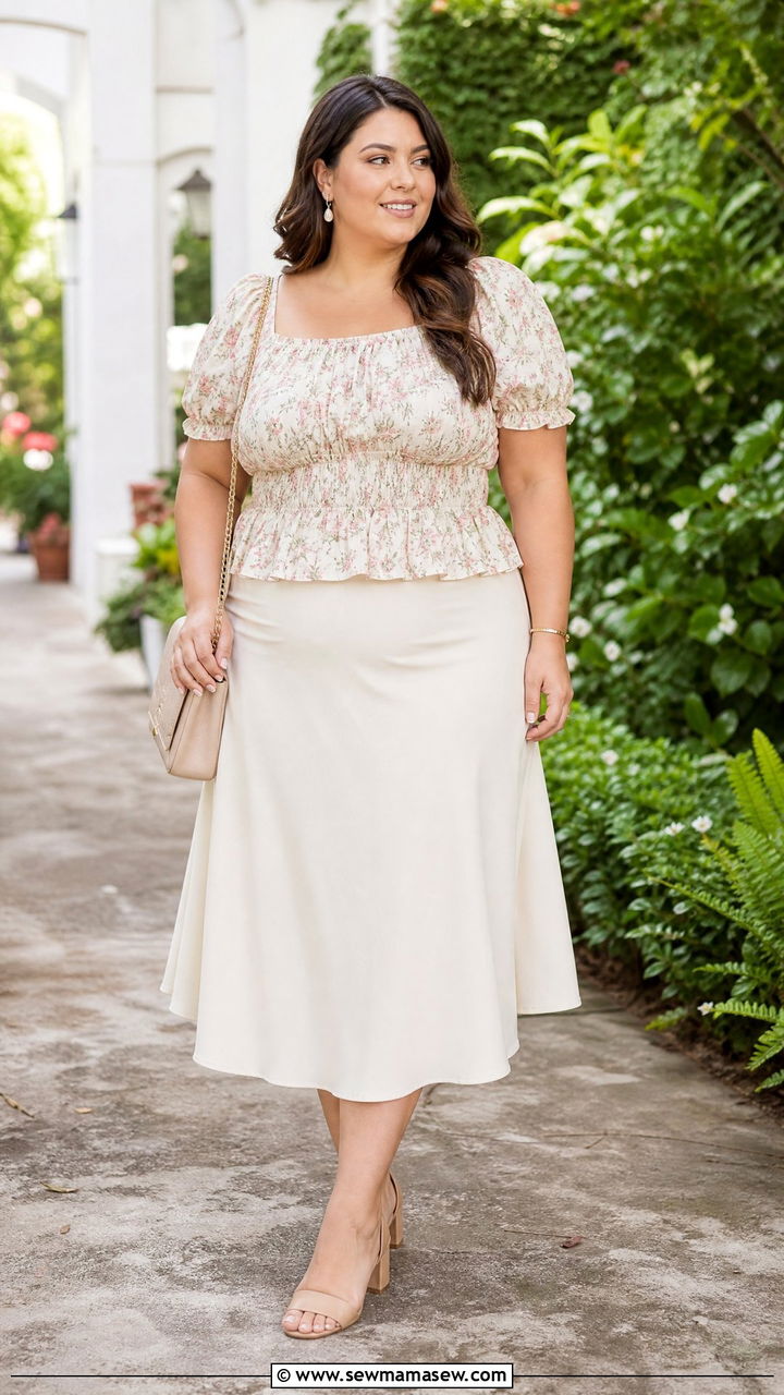 Plus Size Smocked Waist Top With Midi Skirt - 20 plus size tops for big bust outfit ideas