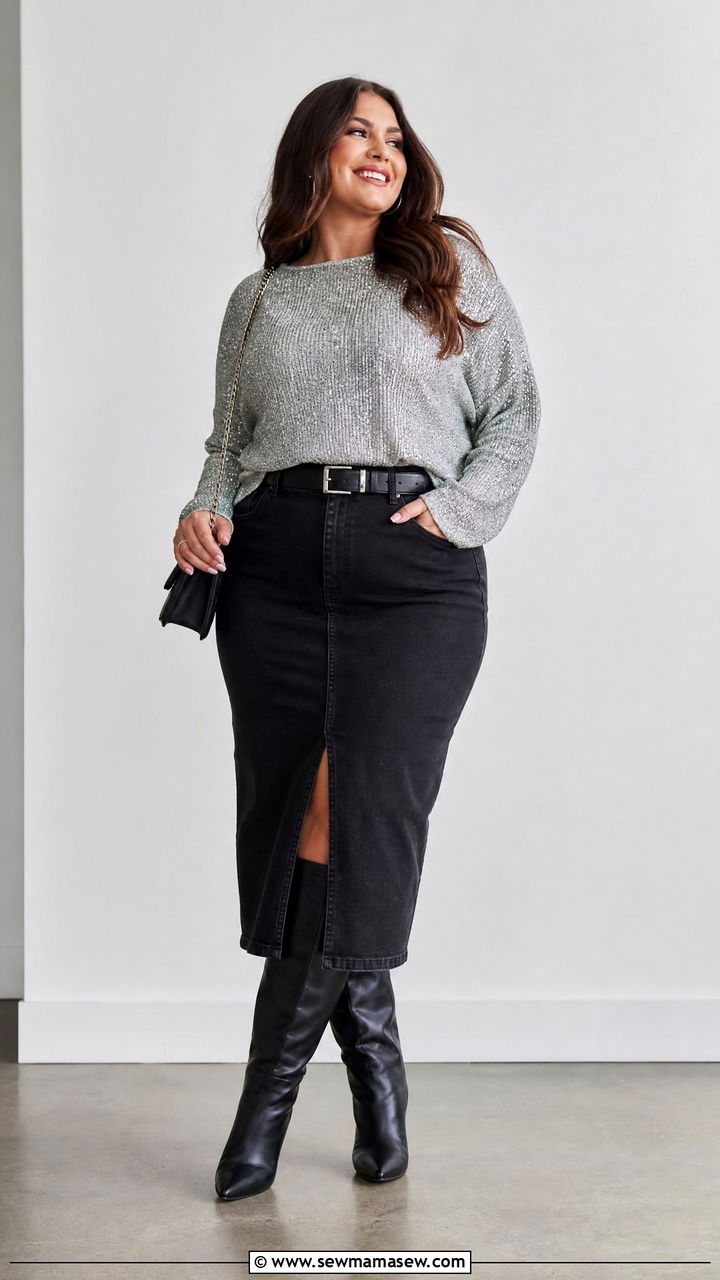 Plus Size Sparkle Knit Party Top With Denim Skirt - 20 plus size party top outfit ideas