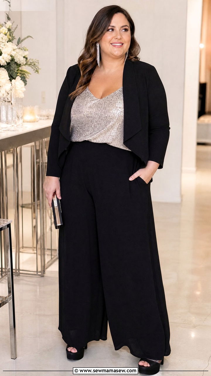 Plus Size Sparkly Cami Top With Palazzo Pants - 20 plus size going out cami top outfit ideas