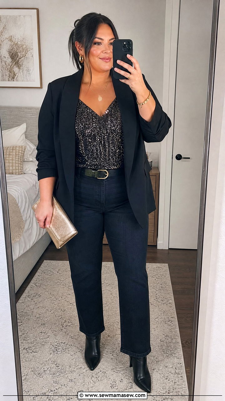 Plus Size Sparkly Camisole With Blazer And Jeans - 20 plus size new years eve top outfit ideas