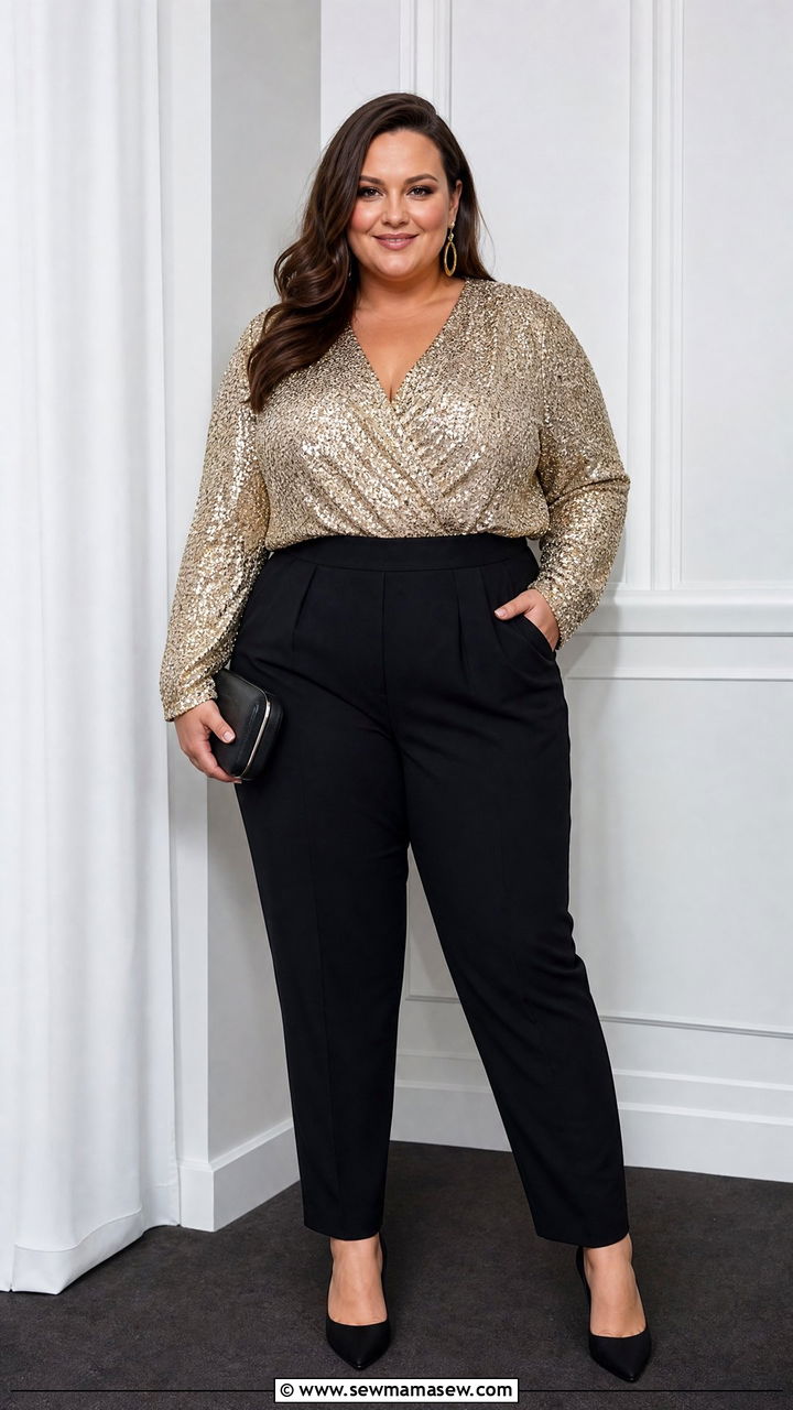 Plus Size Sparkly Top With Black Trousers - 20 plus size sparkly top outfit ideas