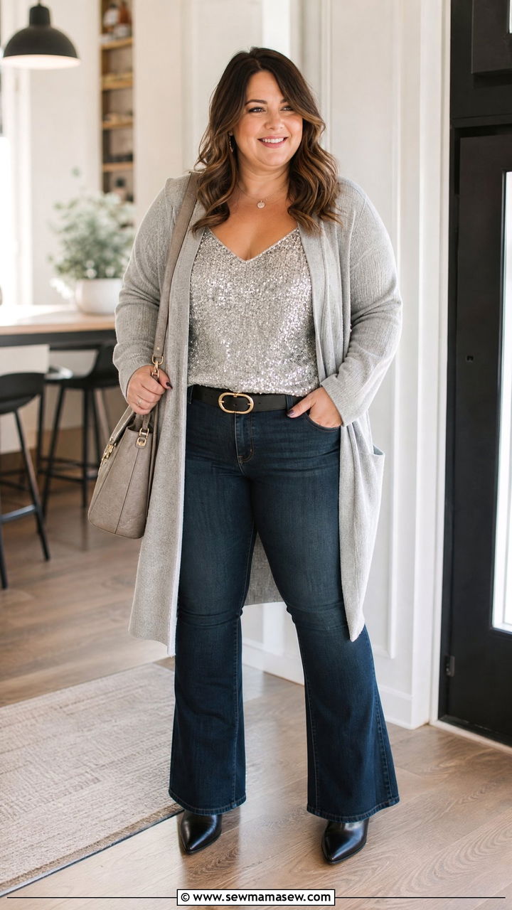 Plus Size Sparkly Top With Cardigan And Jeans - 20 plus size sparkly top outfit ideas