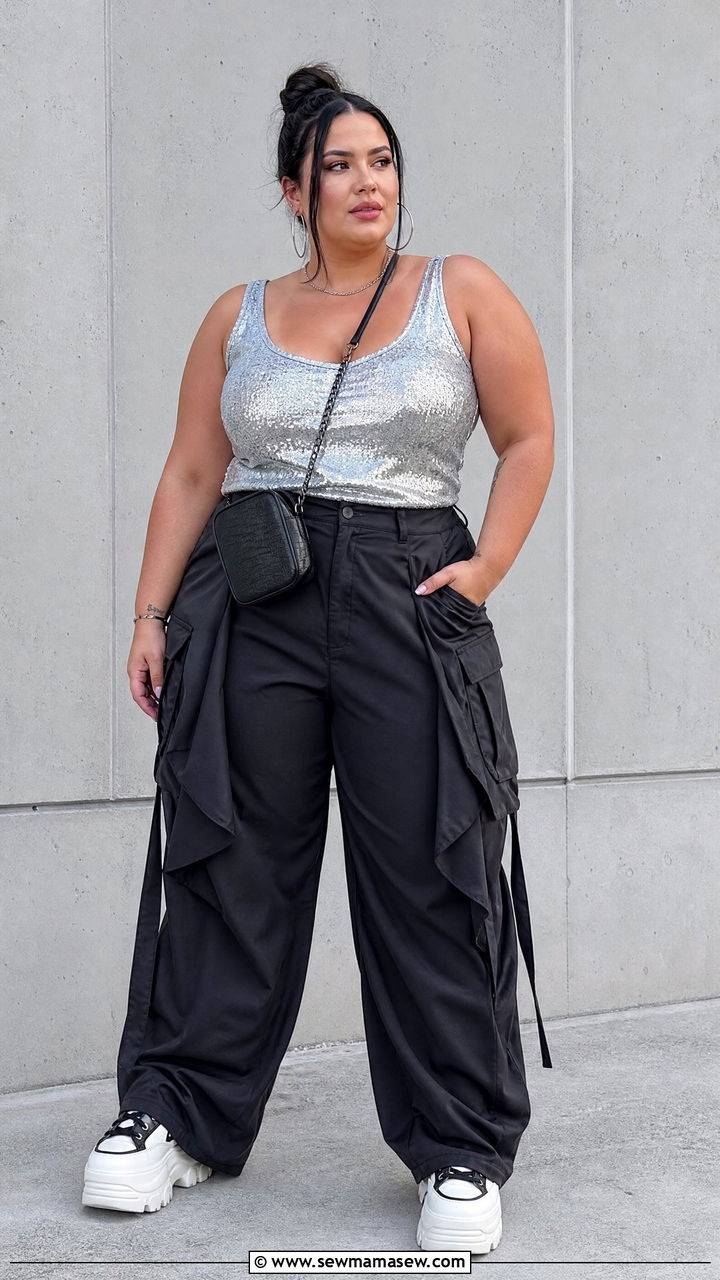 Plus Size Sparkly Top With Cargo Pants - 20 plus size sparkly top outfit ideas