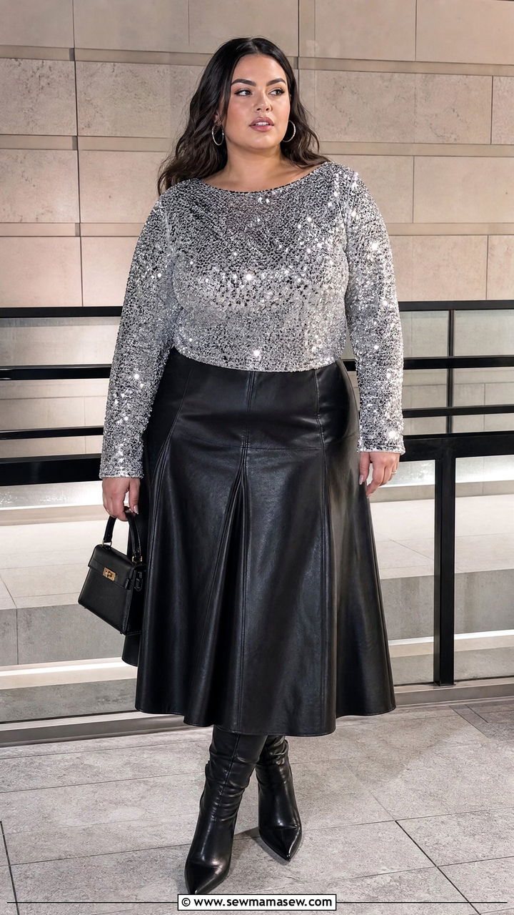 Plus Size Sparkly Top With Leather Skirt - 20 plus size sparkly top outfit ideas