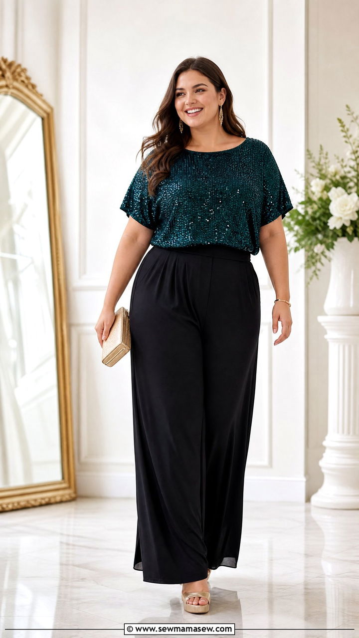 Plus Size Sparkly Top With Palazzo Pants - 20 plus size sparkly top outfit ideas