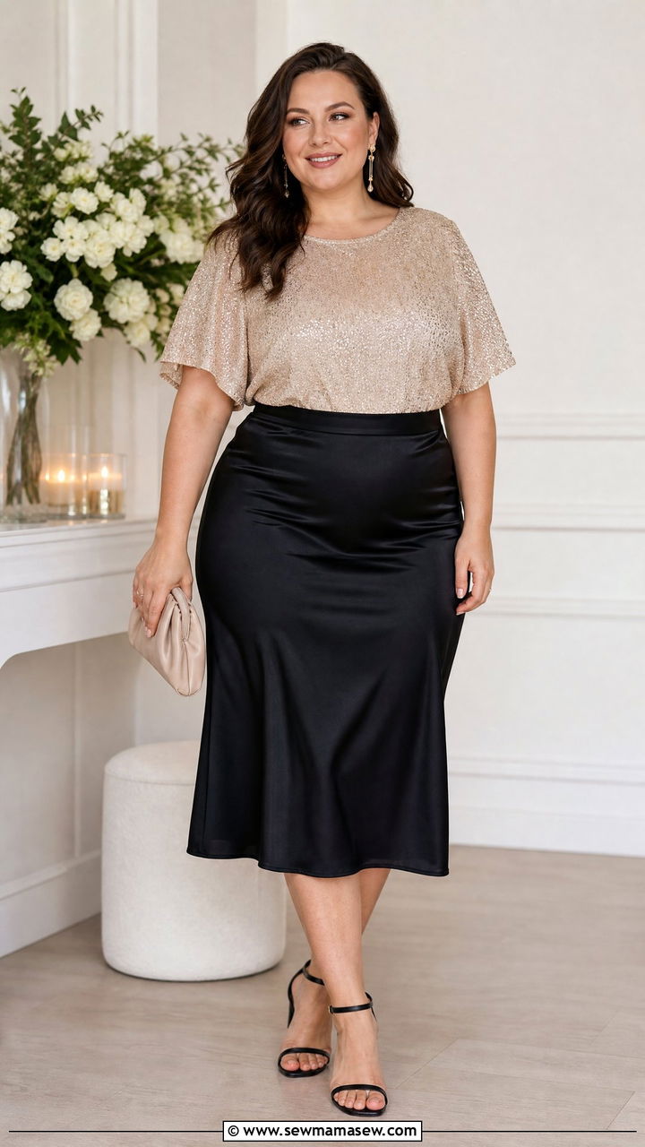 Plus Size Sparkly Top With Satin Midi Skirt - 20 plus size sparkly top outfit ideas