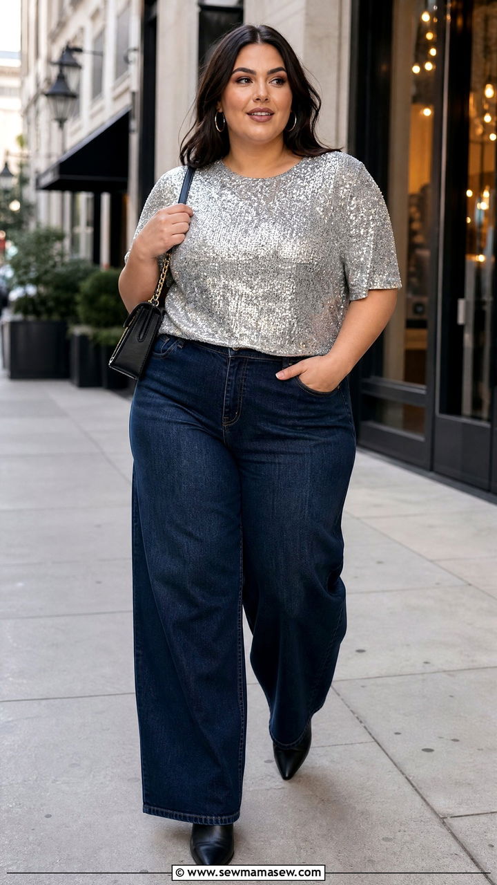 Plus Size Sparkly Top With Wide Leg Jeans - 20 plus size sparkly top outfit ideas